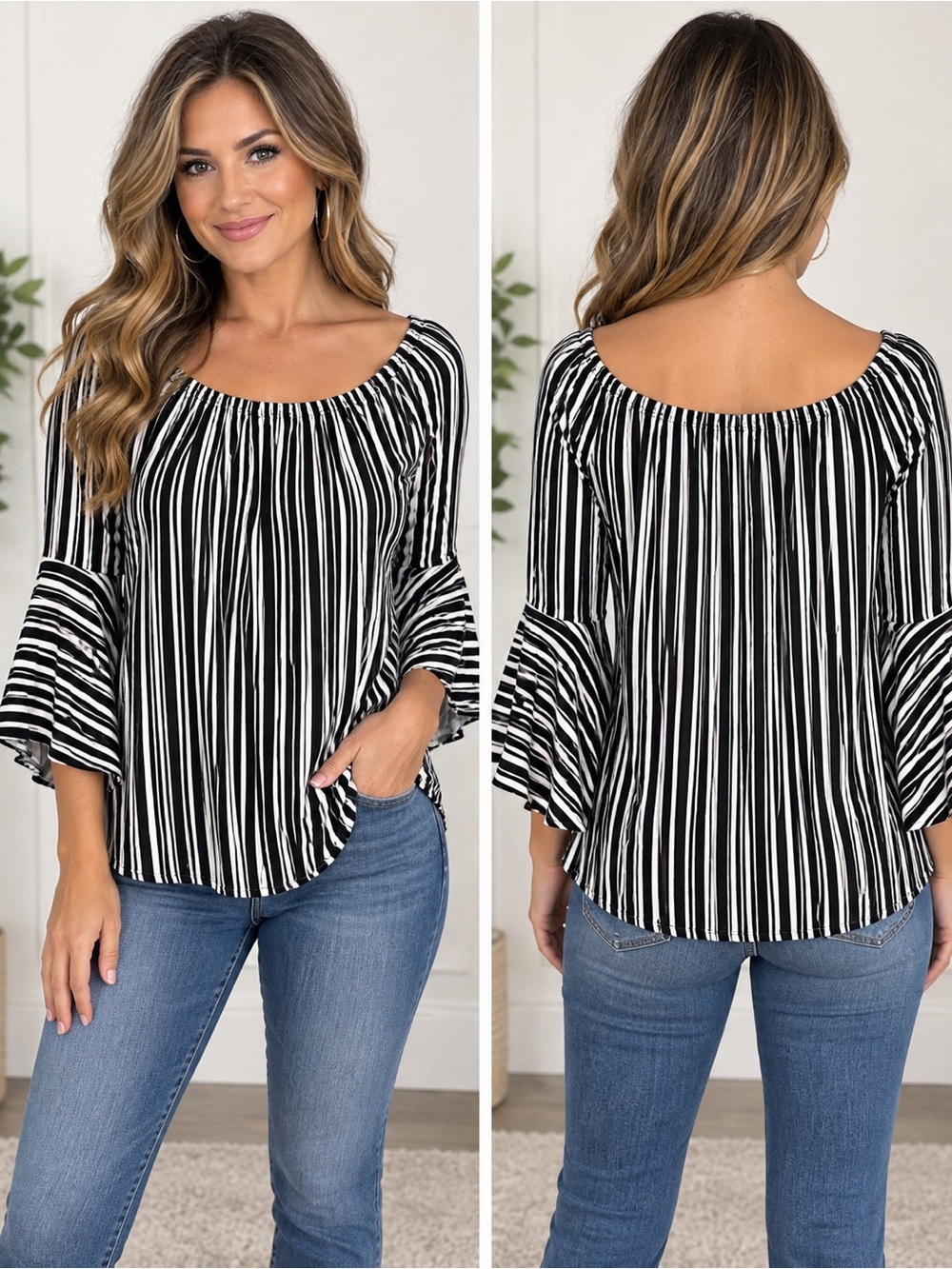 Cable & Gauge Black White Striped Bell Sleeve Top Size Medium